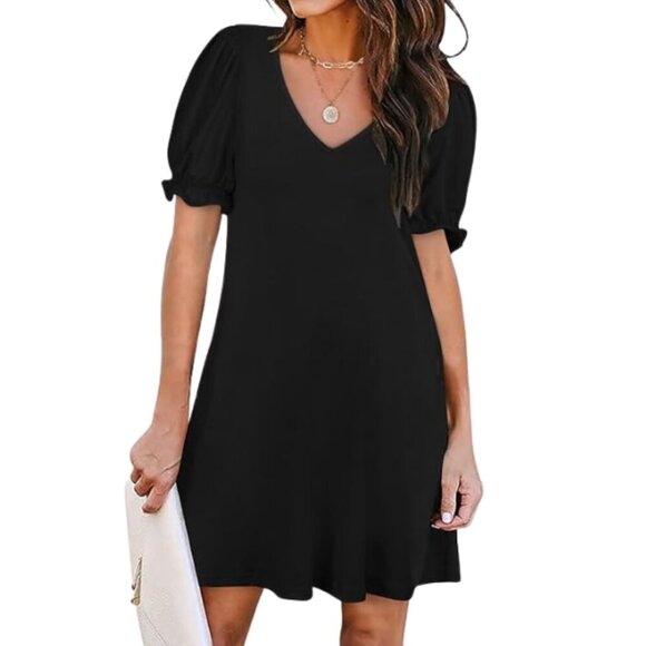 NIVYEE Dresses & Skirts - NIVYEE Black Puff Short Sleeve Vneck Mini Midi Dress with Pockets Occasion XL